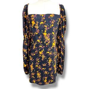 C/MEO Collective mini satin dress large bishop sleeves square neck blue floral